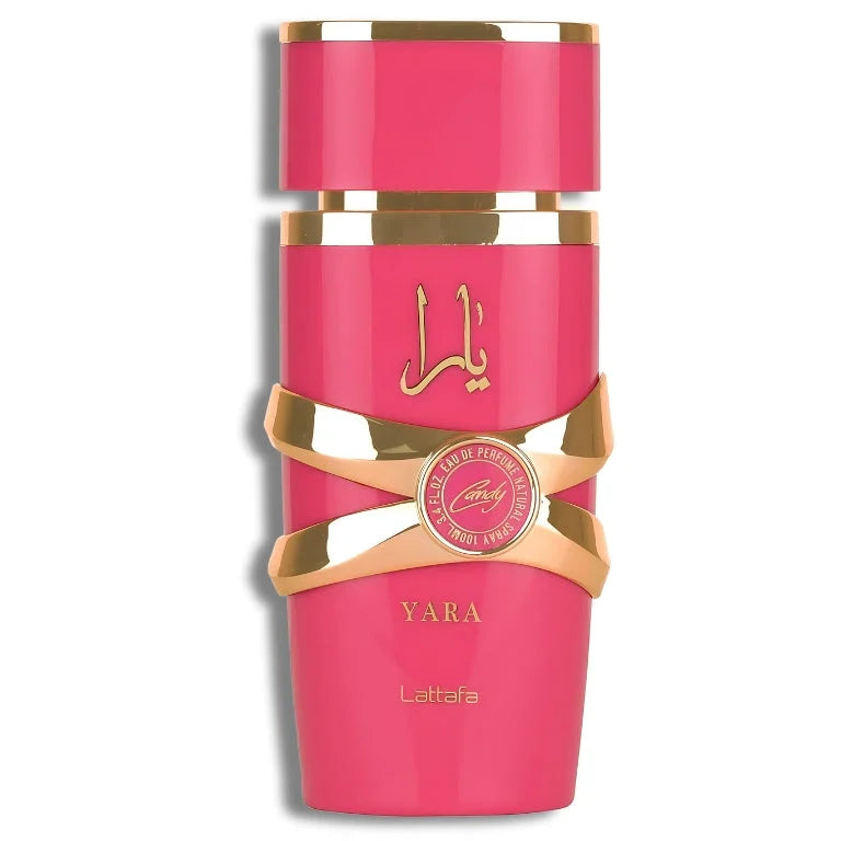 Roze en gouden parfumflesje met gouden lint voor Yara Candy Yara fans