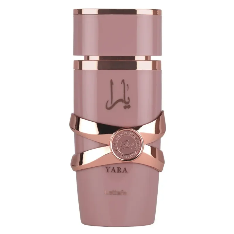 Roze gouden en roze Yara Elixir parfumfles met Arabisch schrift