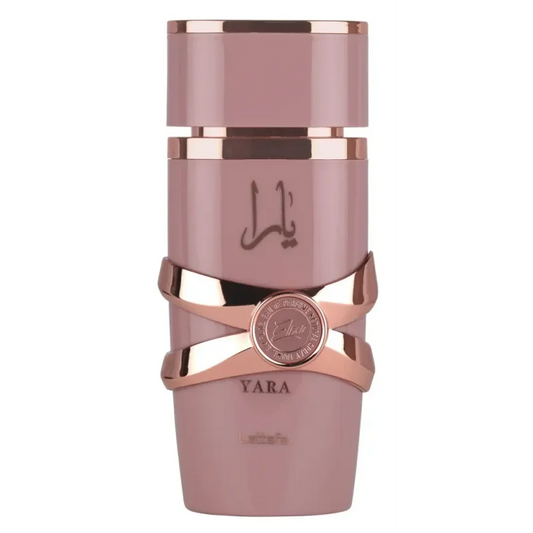 Roze gouden en roze Yara Elixir parfumfles met Arabisch schrift